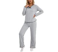 Ensemble pyjama côtelé doux avec bordure en dentelle noire tenue d'intérieur confortable deux pièces pour femme élégante chaude automne hiver idéal confort style moderne usage quotidien (Grey, M)