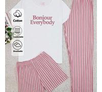 Ensemble pyjama de maison comprenant 2 pièces en coton : un bas long imprimé de lignes et des shorts, ainsi qu'un Top imprimé d'un slogan, tailles grandes 0XL,1XL,2XLGéométrique,LettresÉtoffe