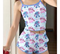 Ensemble pyjama de Top à bretelles ajusté et short, motif lapin bleu Lulu et Stitch mignon, teinture tie-dye bleu ciel frais. Convient aux jeunes filles, tenue d'été décontractée et confortable, vêtem