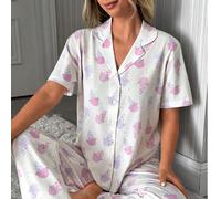 Ensemble pyjama décontracté et confortable pour femmes, composé d'un haut à manches courtes en 100% coton blanc avec motif multicolore de glace et d'un pantalon à manches longues L,M,S,XLImprimés aléa