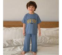 Ensemble pyjama décontracté pour tout-petits garçons avec sweat-shirt col rond imprimé lettres bicolore et pantalon droit 6Y,7Y,4Y,5YGéométrique,LettresTissu tricoté