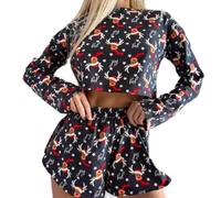 Ensemble pyjama deux pièces confortable pour femme avec haut à manches longues et short imprimés, conçu pour une élasticité modérée et une utilisation en toutes saisons à la maison ou en vacances