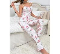 Ensemble pyjama deux pièces sans manches pour femme avec coutures en maille imprimées, vêtement d'intérieur décontracté pour femme, convient pour une utilisation en toutes saisons, polyester (M pêche)