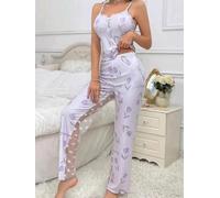 Ensemble pyjama deux pièces sans manches pour femme avec coutures en maille imprimées, vêtement d'intérieur décontracté pour femme, convient pour une utilisation en toutes saisons, polyester (M violet