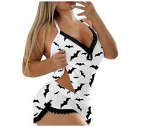Ensemble Pyjama d'halloween pour Femme - Ensemble Pyjama sans Manches - Haut Porte-Jarretelles et Short décontracté - Dentelle - Dos Nu - Combinaison d'intérieur - Imprimé - Short de Carnaval