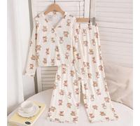 Ensemble pyjama d'intérieur 2 pièces pour fille préadolescente, doux et confortable, style mignon et minimaliste, imprimé ours de dessin animé avec nœud et pois, col en V, devant mi-ouvert, manches lo