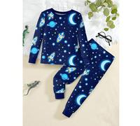 Ensemble pyjama d'intérieur 2 pièces pour garçon, haut à manches longues et pantalon, bleu foncé, tricot stretch slim fit, confortable et doux, imprimé lune étoilée et fusée phosphorescent UV 6Y,7Y,8Y