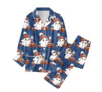 Ensemble Pyjama en Coton pour Femme - Long - Deux pièces - Impressions d'halloween - Vêtement de Nuit et Pantalon de Pyjama Long - Automne - Hiver - Combinaison de Loisirs