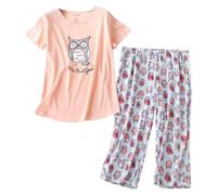 Ensemble Pyjama en Coton pour Femmes, Haut à Manches Courtes, Pantalon Capri, vêtements de Nuit, Grande Taille Pyjama Pilou Chat