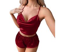 Ensemble pyjama en satin de soie pour femme avec volants séduction élégante vêtements de nuit short combinaison pyjama confortable, Bordeaux, XXL