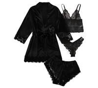 Ensemble Pyjama en Satin de Soie pour Femmes, 4 pièces, Lingerie, vêtements de Nuit en Dentelle Florale avec Robe Pyjama Combishort