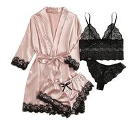 Ensemble Pyjama en Satin de Soie pour Femmes, 4 pièces, Lingerie, vêtements de Nuit en Dentelle Florale avec Robe Pyjama Combishort