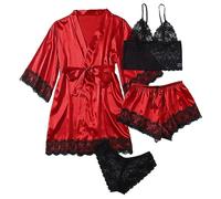Ensemble Pyjama en Satin de Soie pour Femmes, 4 pièces, Lingerie, vêtements de Nuit en Dentelle Florale avec Robe Pyjama Combishort