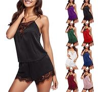 Ensemble Pyjama en Satin pour Femmes Pyjama en Dentelle pour Femmes Sexy Lingerie Cami Ensemble Short Satin - Lingerie Sexy Vêtements de Nuit Court pour Elle 2 Pièces