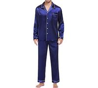 Ensemble pyjama en soie pour homme - Pyjama long en soie pour homme - Confortable - Solide - Deux pièces - Avec boutonnière - Pyjama léger - Grande taille - Vêtement de nuit, bleu, XL