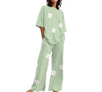 Ensemble Pyjama Femme 2 Pièces Coton Printemps Homewear Doux Grande Taille Manches Courtes Hauts Pantalon Costume Noir Set Classique