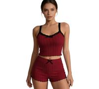 Ensemble Pyjama Femme 2 Pièces Dentelle Top + Taille Haute Short Sexy Col U Camisole Ourlet Ondulé Vêtements de Nuit (FR/ES, Alpha/Lettres, L, Taille Normale, Taille Normale, Bordeaux)