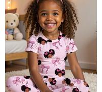 Ensemble pyjama femme à manches courtes, col rond, forme ajustée, motif bébé fille, décoré de nœuds, style casual minimaliste, confortable, pour le printemps/été, coupe près du corps 2Y,3Y,9-12M,12-18