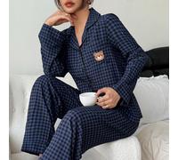 Ensemble pyjama femme avec haut à manches longues avec poche à l'avant avec broderie tête d'ours à imprimé écossais et pantalon, pyjama ours en peluche, pyjama d'automne femme, ensemble pyjama bleu ma