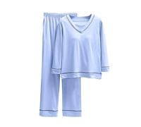Ensemble Pyjama Femme Blanc Pyjama Satin Femme Col V pour sans sous-vêtements Manches Longues Ample Décontracté Grande Taille pour La Grande Taille Sky Blue XXXXL