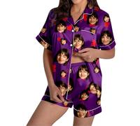 Ensemble pyjama femme en satin imprimé floral comprenant haut boutonné manches courtes et short confortable tenue de nuit douce idéale pour usage quotidien ainsi que vacances facile à (Purple, S)