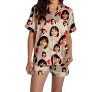 Ensemble pyjama femme en satin imprimé floral comprenant haut boutonné manches courtes et short confortable tenue de nuit douce idéale pour usage quotidien ainsi que vacances facile à laver (Beige, M)