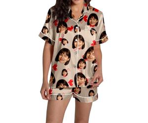 Ensemble pyjama femme en satin imprimé floral comprenant haut boutonné manches courtes et short confortable tenue de nuit douce idéale pour usage quotidien ainsi que vacances facile à laver (Beige, M)