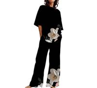 Ensemble Pyjama Femme Ensembles 2 Pièces Pajamas Coton Printemps Homewear Femmes Doux Grande Taille Ensemble Pyjama Manches Courtes Hauts Pantalon Costume Noir Set Classique PJ Femme Coton