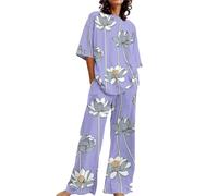Ensemble Pyjama Femme Ensembles 2 Pièces Pajamas Coton Printemps Homewear Femmes Doux Grande Taille Ensemble Pyjama Manches Courtes Hauts Pantalon Costume Noir Set Classique PJ Femme Coton