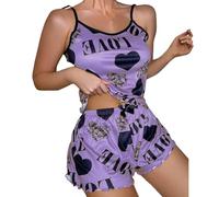 Ensemble Pyjama Femme Été Pyjama en Coton Femme Women Print Sleepwear Sexy Two Pieces Sleeveless Shorts Set Sexy Underwear Sleepwear Suit Pajamas Short Coton Soie Short Purple M