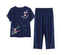 Ensemble Pyjama Femme Été Pyjama Femme T-Shirt À Manches Courtes Et 3/4 Pantacourt Tenue De Nuit Cotton and Lin Lot de Deux Respirant Léger Grande Taille Sleepwear