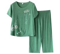 Ensemble Pyjama Femme Été Pyjama Femme T-Shirt À Manches Courtes Et 3/4 Pantacourt Tenue De Nuit Cotton and Lin Lot de Deux Respirant Léger Grande Taille Sleepwear