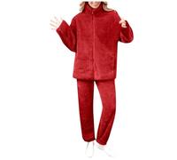 Ensemble Pyjama Femme Hiver Pilou Chaud Veste Polaire Zippée Sans Capuche Grande Taille Sweat Pull Col Montant + Pantalon Jogging Loungewear Flanelle Homewear Sleepwear (Rouge, XXXL)
