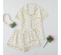 Ensemble pyjama femme pour le séjour, composé d'un Top à manches courtes avec boutons et passepoil contrastant, motif floral style Ditsy, et d'un short avec nœud L,M,S,XLTissu tissé