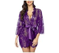 Ensemble Pyjama Femme Sexy Chic Kimono Sexy Femme érotique Transparent Dentelle avec Ceinture Chemise de Nuit Femme Ouverture Devant Manches 3/4 Tenue Vetement de Nuit et String (Purple, M)