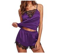 Ensemble Pyjama Femmes Ensembles Sexy en Dentelle 2 Pcs Femme Vêtements de Maison Lingerie Satin de Soie 2 Pièces Short et Caraco Costume Nuisette Set de Nuit Classique Sleepwear Offre Spéciale