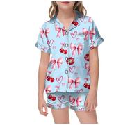 Ensemble Pyjama Fille été Grande Taille col Manches Courtes imprimé Fruits Rouge à lèvres Pantalon Ample Short idéal Nuit (A-Sky Blue, 10-11 Years)