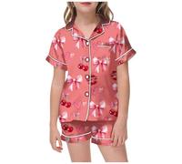 Ensemble Pyjama Fille été Grande Taille col Manches Courtes imprimé Fruits Rouge à lèvres Pantalon Ample Short idéal Nuit (A-Watermelon Red, 4-5 Years)