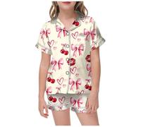 Ensemble Pyjama Fille été Grande Taille col Manches Courtes imprimé Fruits Rouge à lèvres Pantalon Ample Short idéal Nuit (A-Beige, 8-9 Years)