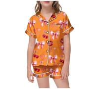 Ensemble Pyjama Fille été Grande Taille col Manches Courtes imprimé Fruits Rouge à lèvres Pantalon Ample Short idéal Nuit (A-Orange, 6-7 Years)