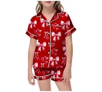 Ensemble Pyjama Fille été Grande Taille col Manches Courtes imprimé Fruits Rouge à lèvres Pantalon Ample Short idéal Nuit (A-Red, 10-11 Years)