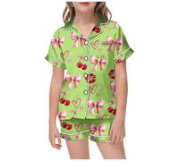 Ensemble Pyjama Fille été Grande Taille col Manches Courtes imprimé Fruits Rouge à lèvres Pantalon Ample Short idéal Nuit (A-Green, 4-5 Years)