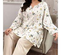 Ensemble pyjama grande taille avec Top à manches longues décontracté à imprimé floral, col cranté et boutons, et pantalon droit. Détails confortables et élégants, vêtements d'automne et d'hiver 1XL,2X