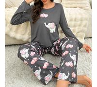 Ensemble pyjama haut à manches longues imprimé éléphant et ballon, et pantalon droit ample. Ensemble pyjama mignon pour femmes, vêtements d'automne et d'hiver L,M,S,XLAnimal,Cartoon,graphiqueTissu tri