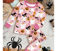 Ensemble pyjama manches longues et pantalon, motifs mignons citrouille, fantôme et floral, adorables sorcière et fée, ambiance rose automnale, décontracté et confortable pour bébé fille, adapté pour l