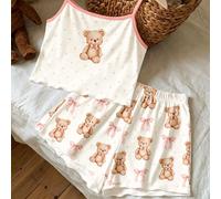 Ensemble pyjama mignon et doux avec imprimé nœud d'ours, top brassière ajusté et short minimaliste décontracté pour jeune fille, convient pour l'été 7Y,8Y,9Y,10Y,11Y,12Y,13YCartoon,Géométrique,graphiq