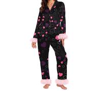Ensemble pyjama pour femme avec motif cœur et bordure en satin, t-shirt à manches longues et pantalon en tissu noir, Rose, XL
