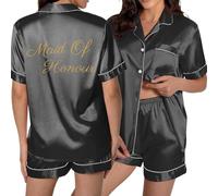 Ensemble pyjama pour femme composé d'un t-shirt à manches courtes et d'un short de salon confortable pour la maison comme pyjama d'été avec boutonnière et poches latérales, coupe ample, Noir , L