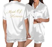 Ensemble pyjama pour femme composé d'un t-shirt à manches courtes et d'un short de salon confortable pour la maison comme pyjama d'été avec boutonnière et poches latérales, coupe ample, Blanc., XXL