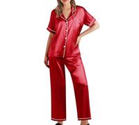 Ensemble pyjama pour femme - En satin - Nuisette - Long - Avec boutonnière - Vêtement de nuit - Nuisette ultra douce - Taille élastique - Pour l'été, rouge, XL
